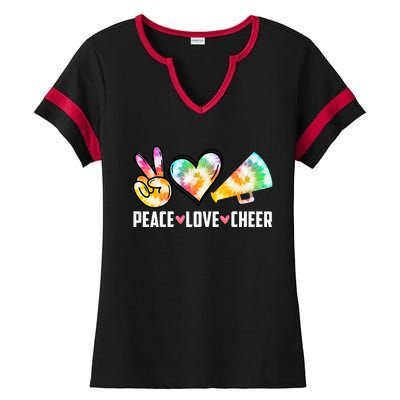 Tie Dye Peace Love Cheer Cheerleading Ladies Halftime Notch Neck Tee