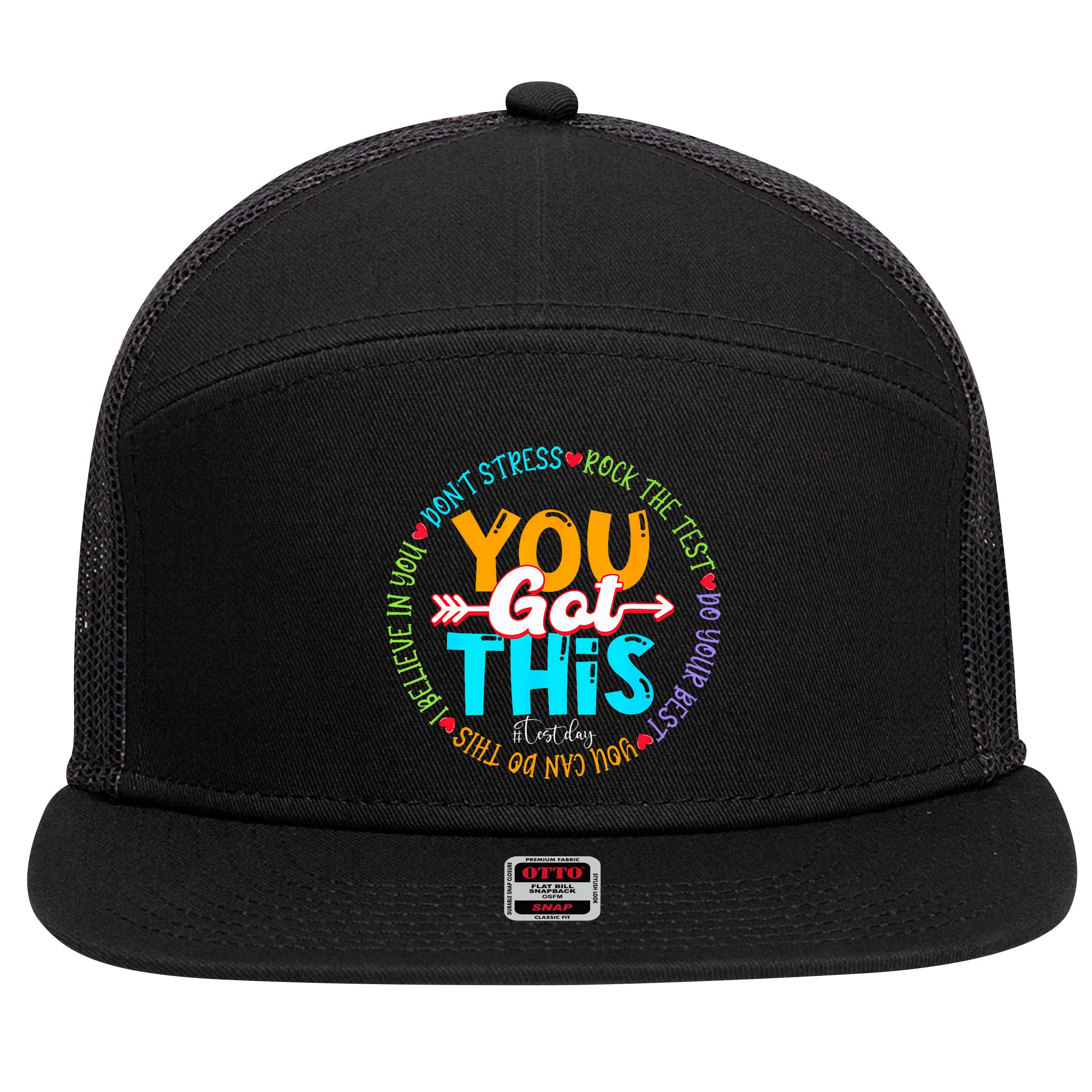 Test Day Rock The Test Teacher Testing Day You Got This 7 Panel Mesh Trucker Snapback Hat