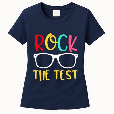 Test Day Rock The Test Teacher Testing D.ay Funny Teacher Womens T-Shirt