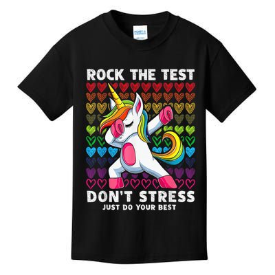 Test Day Rock The Test Dabbing Unicorn Boy Girl Kids T-Shirt