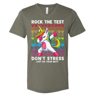 Test Day Rock The Test Dabbing Unicorn Boy Girl V-Neck T-Shirt