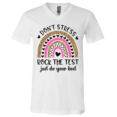 Test Day Rock The Test Rainbow Teacher Testing Day V-Neck T-Shirt
