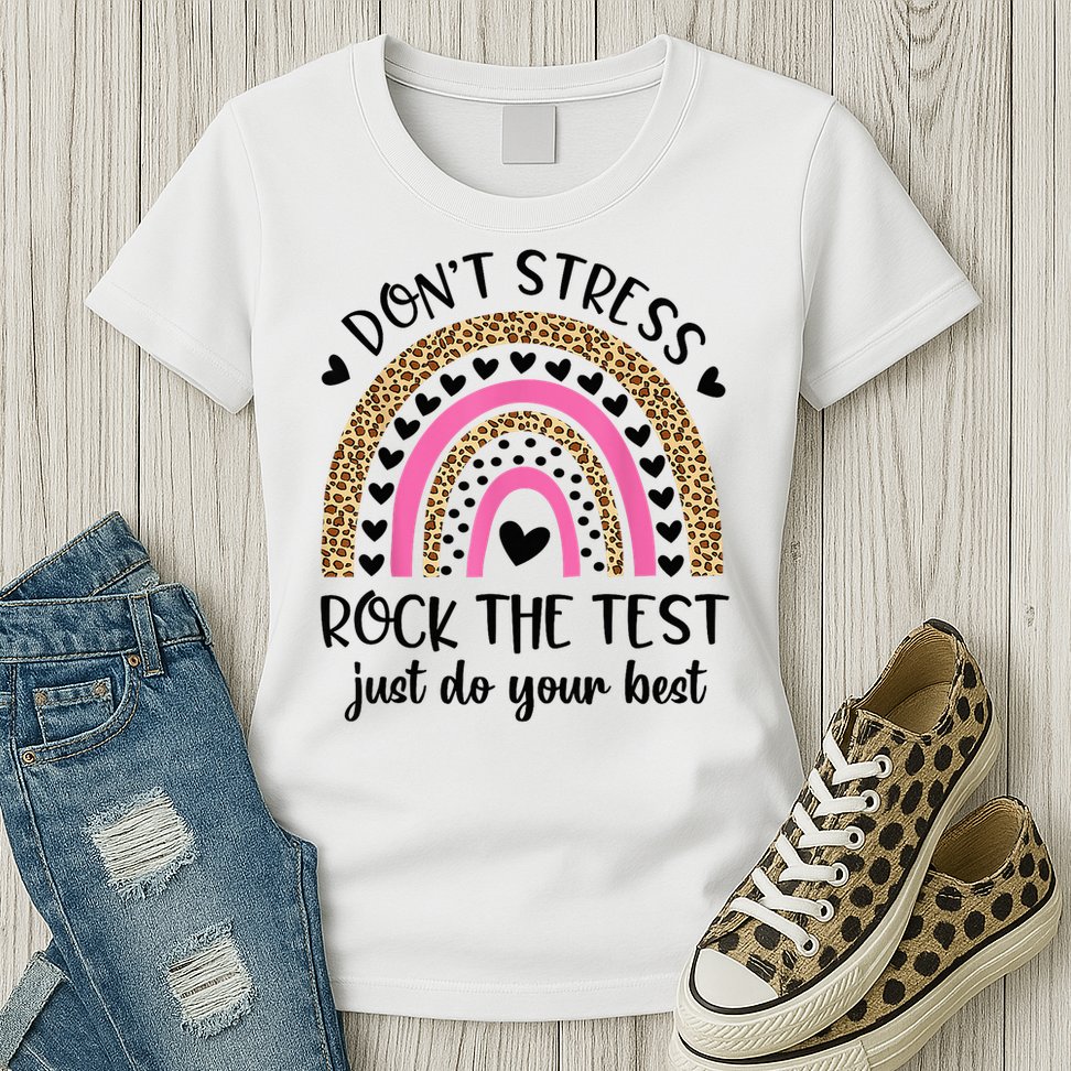Test Day Rock The Test Rainbow Teacher Testing Day Womens T-Shirt