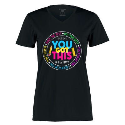 Test Day Rock The Test Teacher Testing Day You Got This Women's Momentum V-Neck T-Shirt