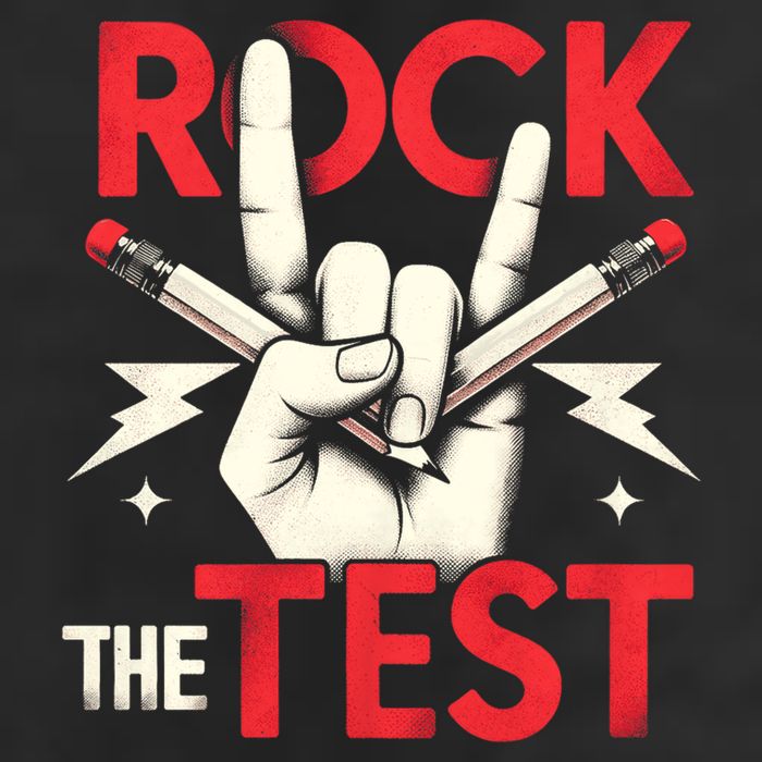 Testing Day Rock The Test Rock Music Teach.er Student 7 Panel Mesh Trucker Snapback Hat
