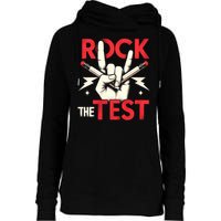 Testing Day Rock The Test Rock Music Teach.er Student Womens Funnel Neck Pullover Hood
