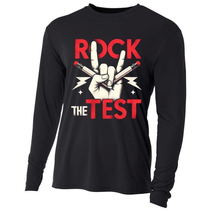 Testing Day Rock The Test Rock Music Teach.er Student Cooling Performance Long Sleeve Crew