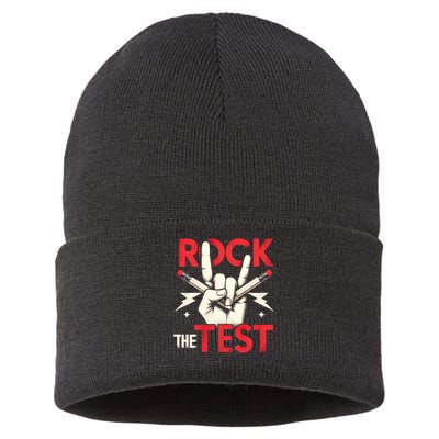 Testing Day Rock The Test Rock Music Teach.er Student Sustainable Knit Beanie