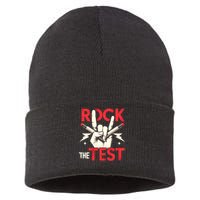 Testing Day Rock The Test Rock Music Teach.er Student Sustainable Knit Beanie