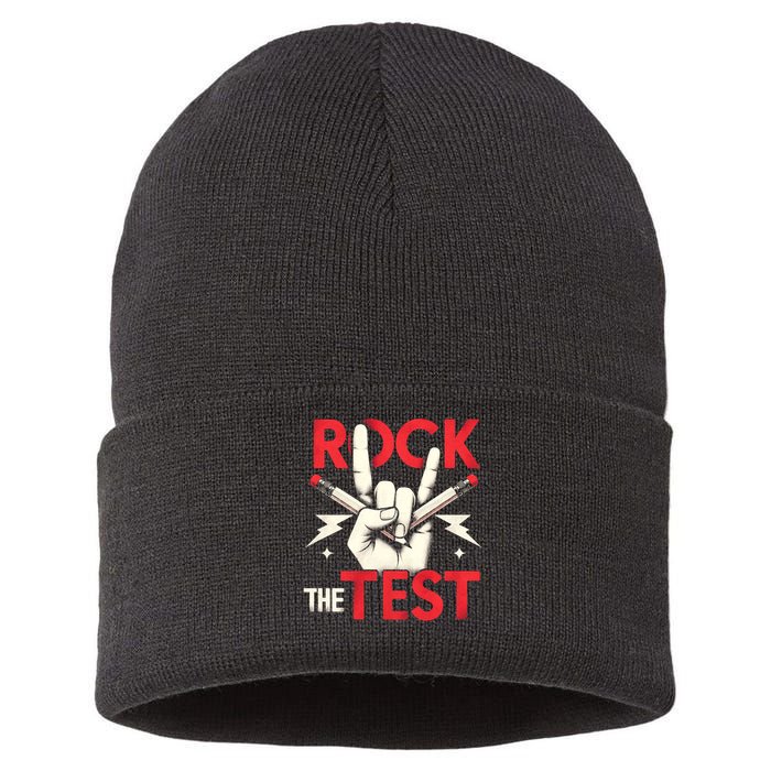 Testing Day Rock The Test Rock Music Teach.er Student Sustainable Knit Beanie