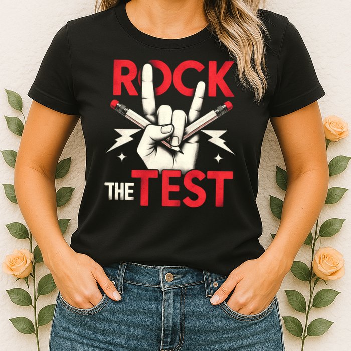 Testing Day Rock The Test Rock Music Teach.er Student Womens T-Shirt
