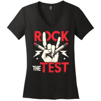 Testing Day Rock The Test Rock Music Teach.er Student Women's V-Neck T-Shirt