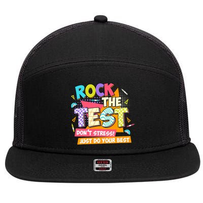 Test Day Rock The Test Teacher Testing Day  7 Panel Mesh Trucker Snapback Hat