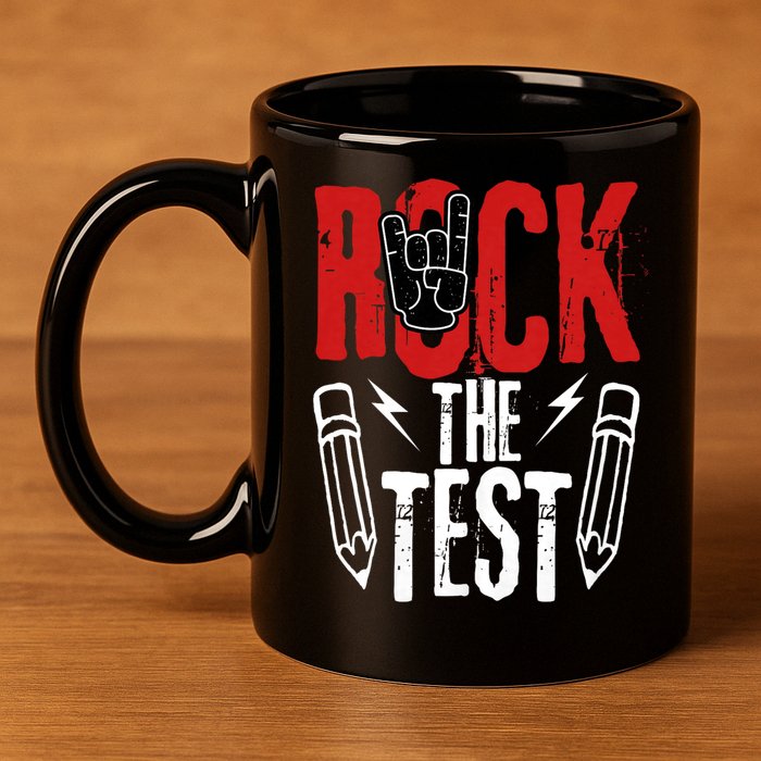 Test Day Rock The Funny Metal Teacher Student Testing Exam 11oz C Handle Ceramic Mug