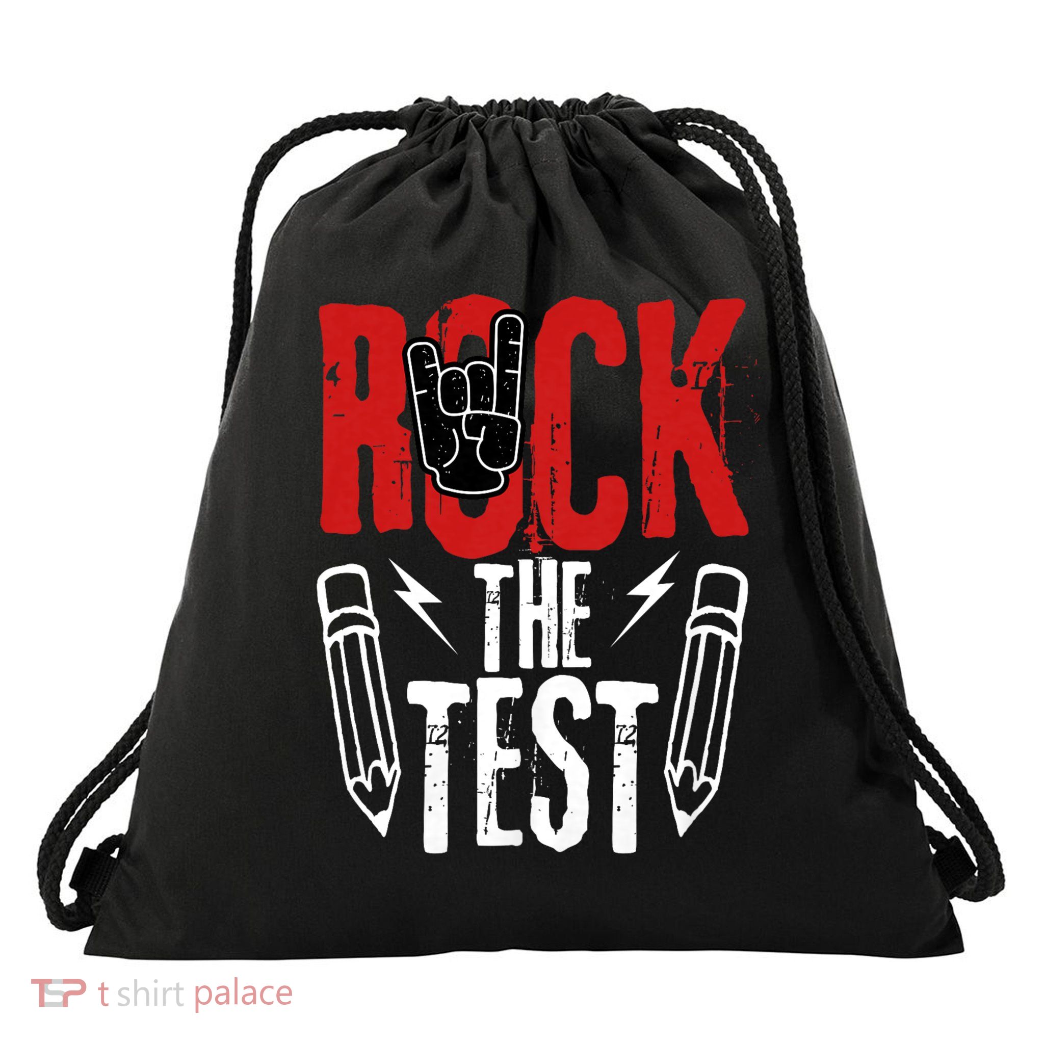 Test Day Rock The Funny Metal Teacher Student Testing Exam Drawstring Bag