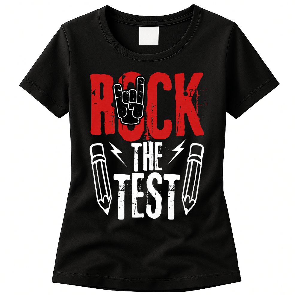 Test Day Rock The Funny Metal Teacher Student Testing Exam Womens T-Shirt