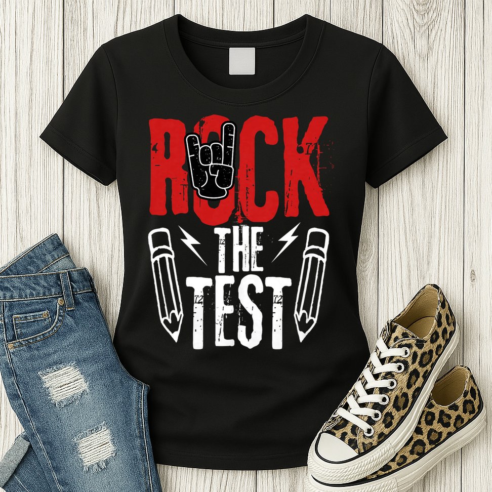 Test Day Rock The Funny Metal Teacher Student Testing Exam Womens T-Shirt