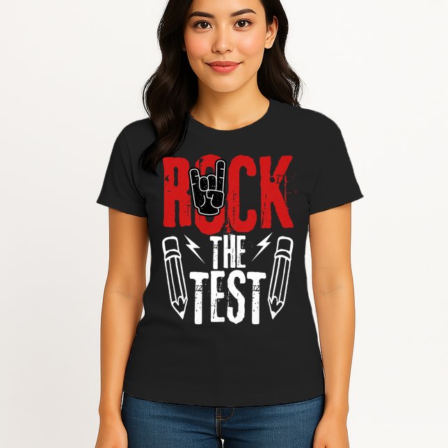 Test Day Rock The Funny Metal Teacher Student Testing Exam Womens T-Shirt