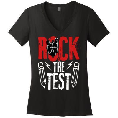 Test Day Rock The Funny Metal Teacher Student Testing Exam Women's V-Neck T-Shirt