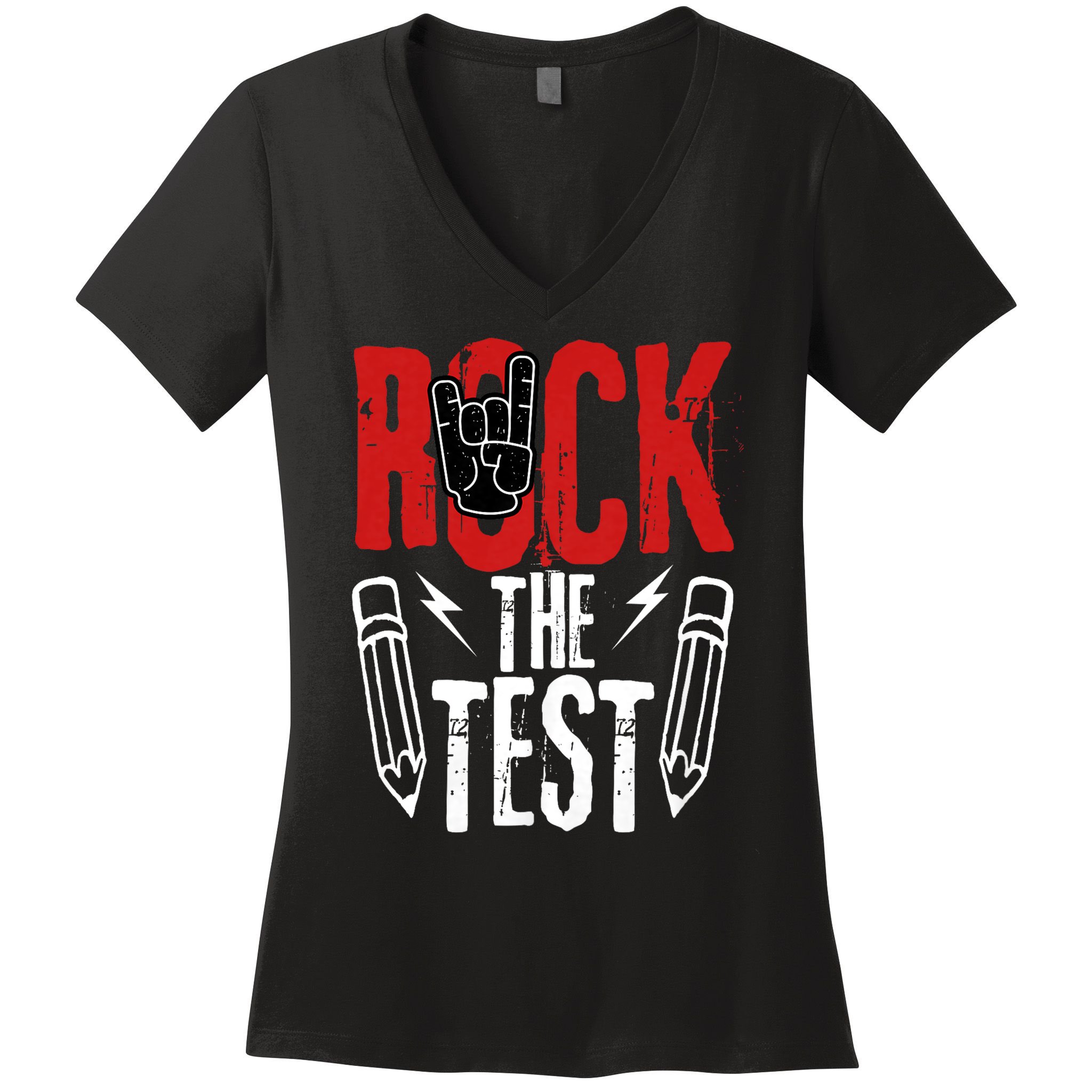 Test Day Rock The Funny Metal Teacher Student Testing Exam Women's V-Neck T-Shirt
