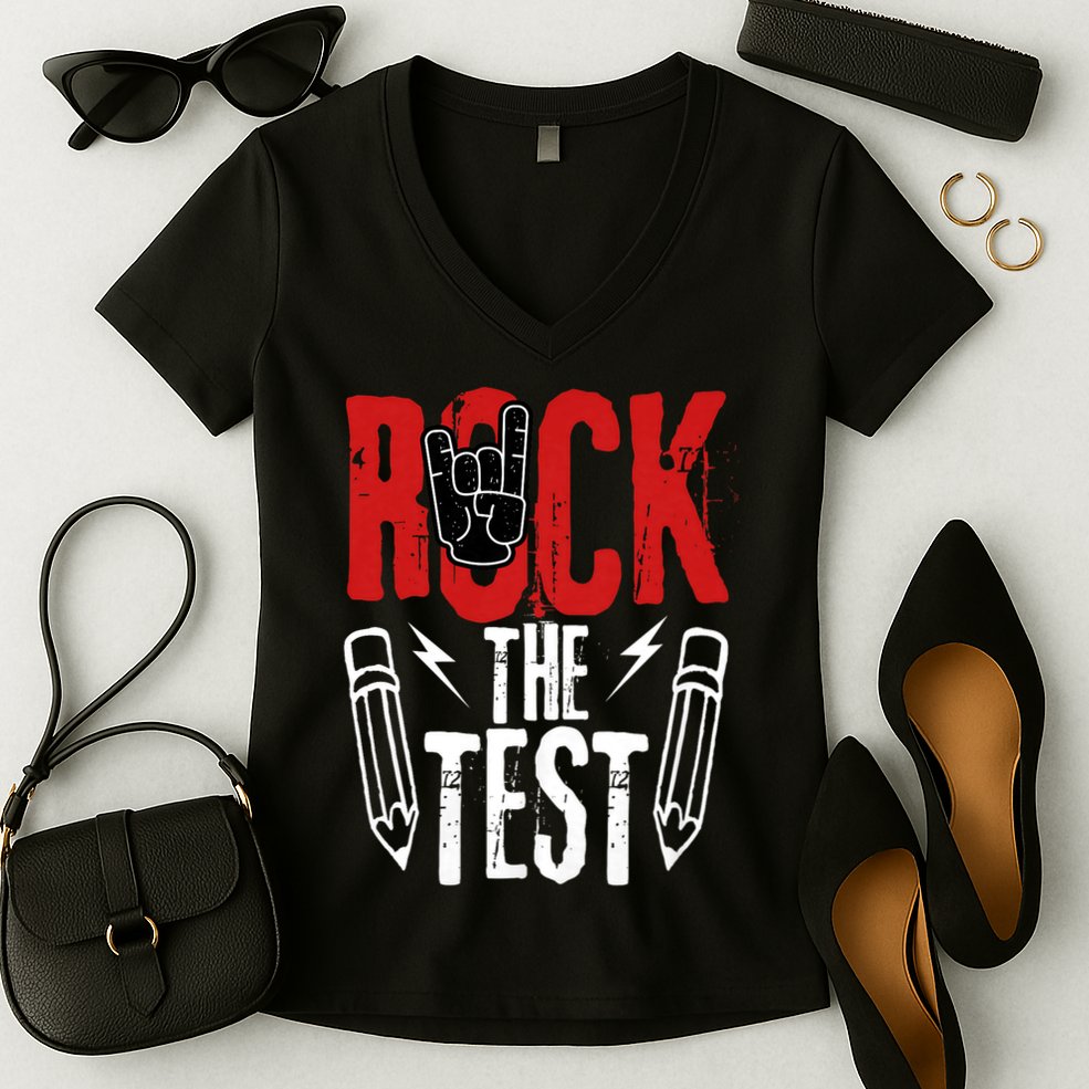 Test Day Rock The Funny Metal Teacher Student Testing Exam Women's V-Neck T-Shirt
