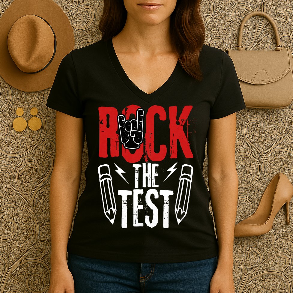 Test Day Rock The Funny Metal Teacher Student Testing Exam Women's V-Neck T-Shirt