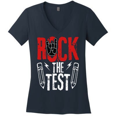 Test Day Rock The Funny Metal Teacher Student Testing Exam Women's V-Neck T-Shirt