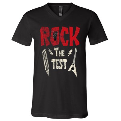 Test Day Rock The Funny Rock Teacher Student Testing Exam V-Neck T-Shirt