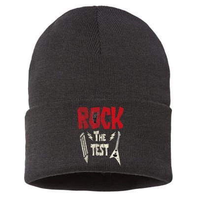 Test Day Rock The Funny Rock Teacher Student Testing Exam Sustainable Knit Beanie