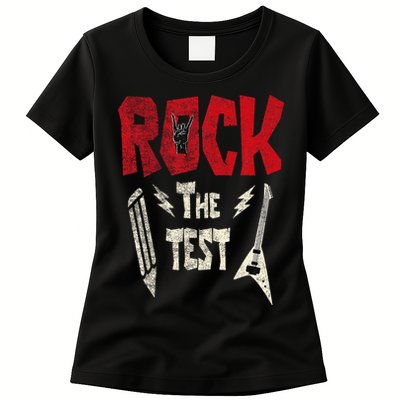 Test Day Rock The Funny Rock Teacher Student Testing Exam Womens T-Shirt