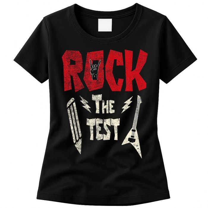 Test Day Rock The Funny Rock Teacher Student Testing Exam Womens T-Shirt