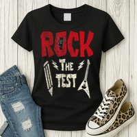 Test Day Rock The Funny Rock Teacher Student Testing Exam Womens T-Shirt