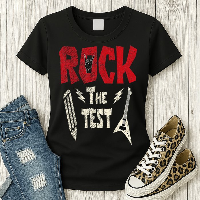 Test Day Rock The Funny Rock Teacher Student Testing Exam Womens T-Shirt