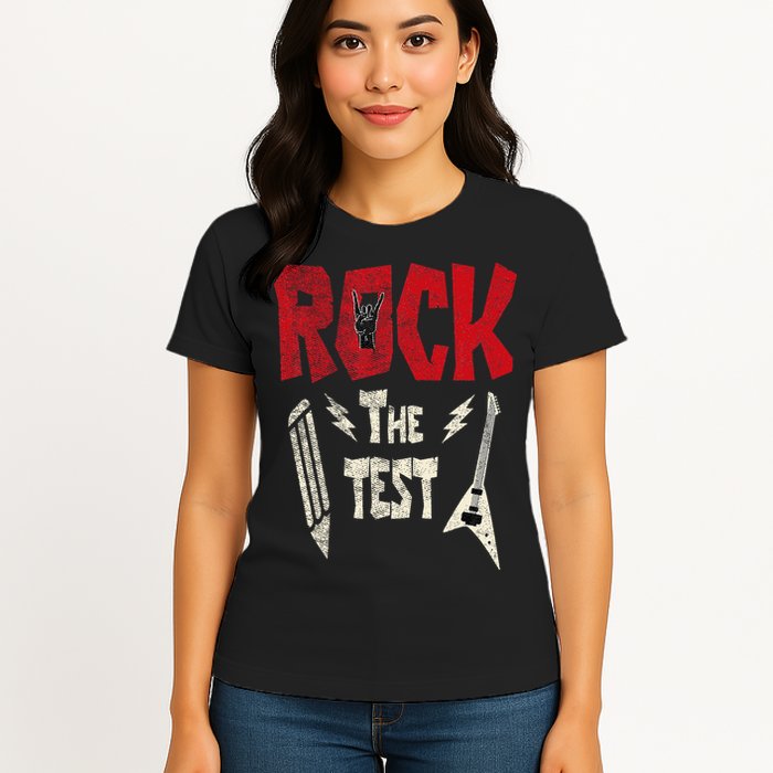 Test Day Rock The Funny Rock Teacher Student Testing Exam Womens T-Shirt