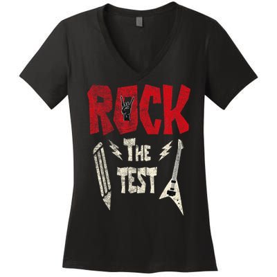Test Day Rock The Funny Rock Teacher Student Testing Exam Women's V-Neck T-Shirt
