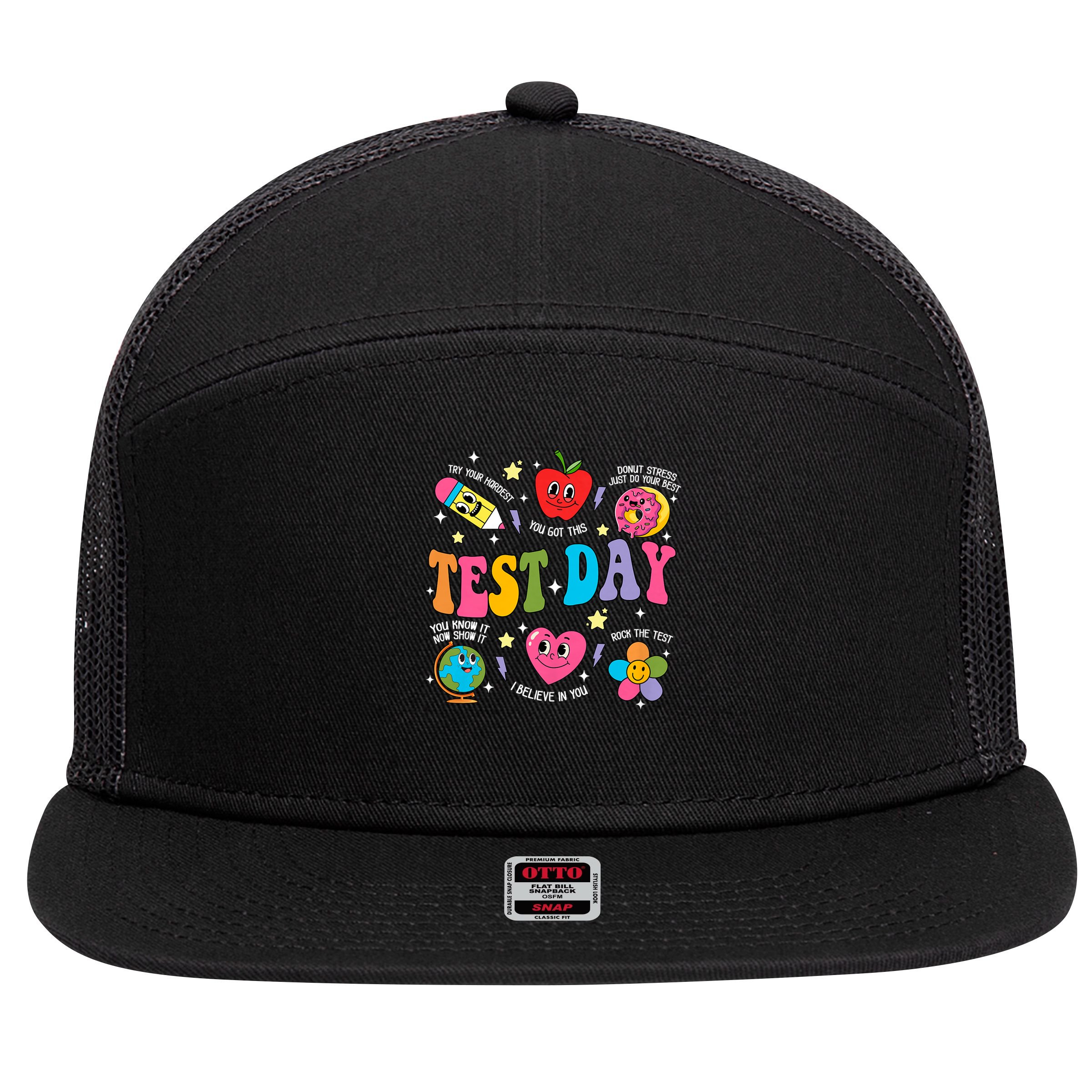 Test Day Rock The Test Testing Day Motivational Teacher 7 Panel Mesh Trucker Snapback Hat