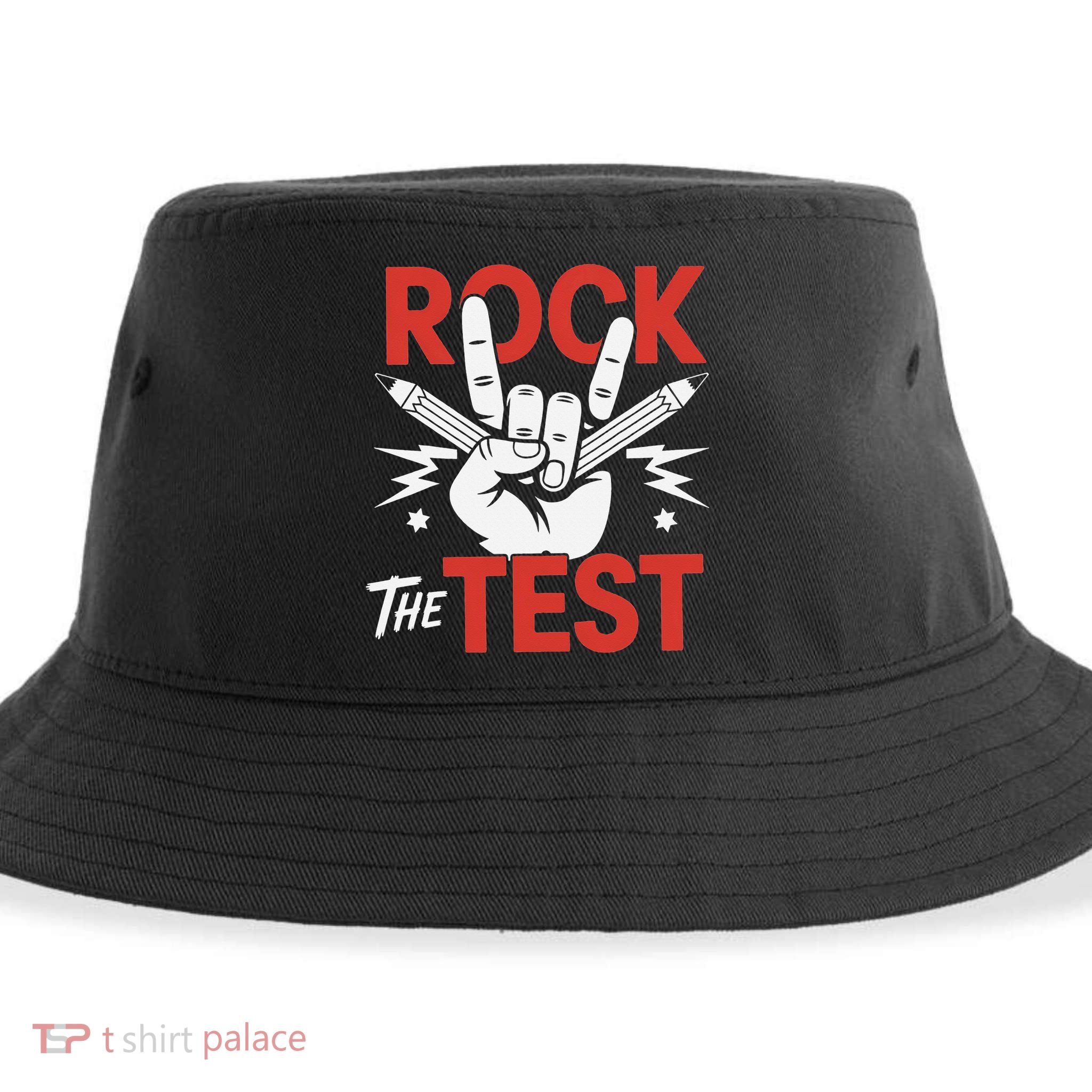 Testing Day Rock The Test Rock Music Teacher Student Sustainable Bucket Hat