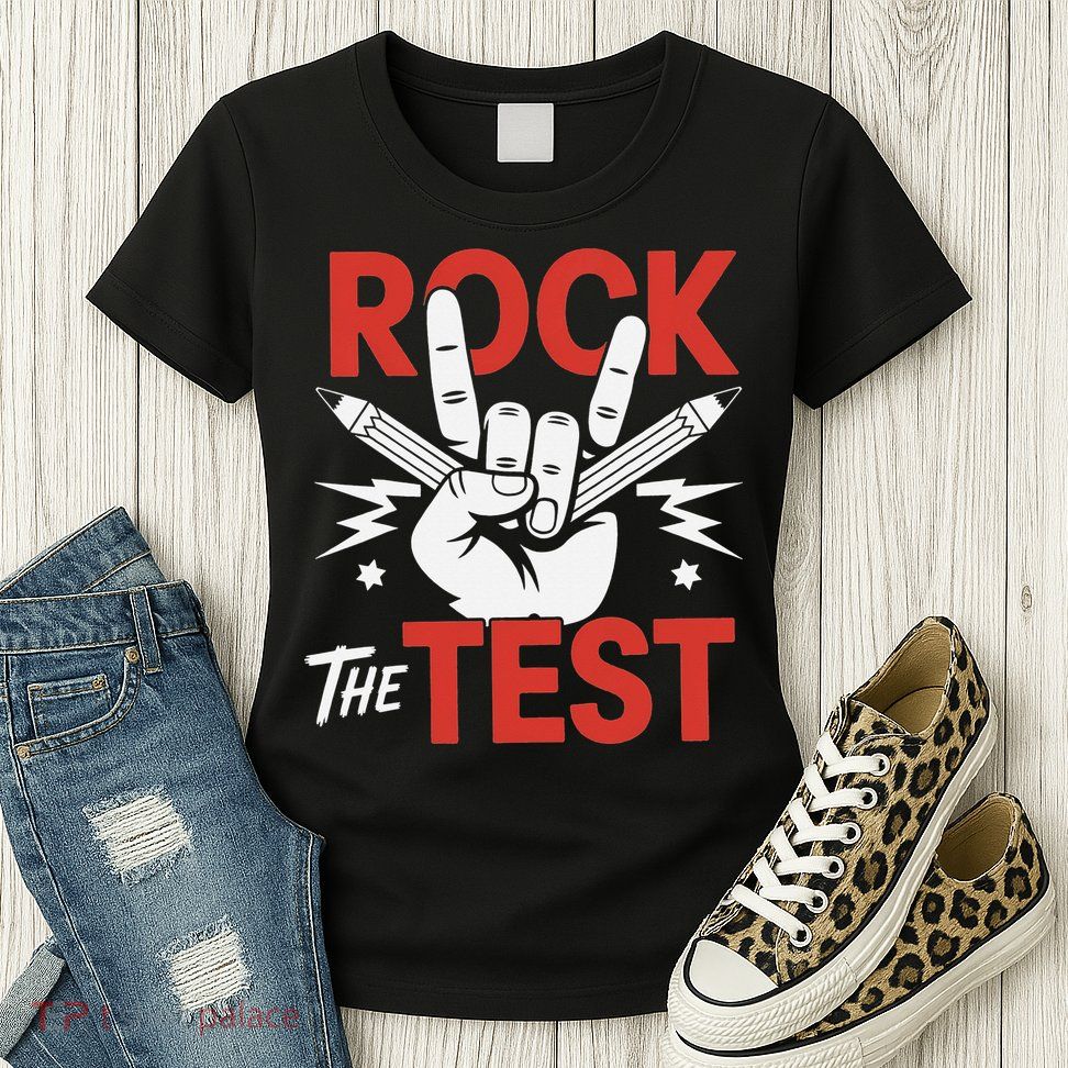 Testing Day Rock The Test Rock Music Teacher Student Womens T-Shirt