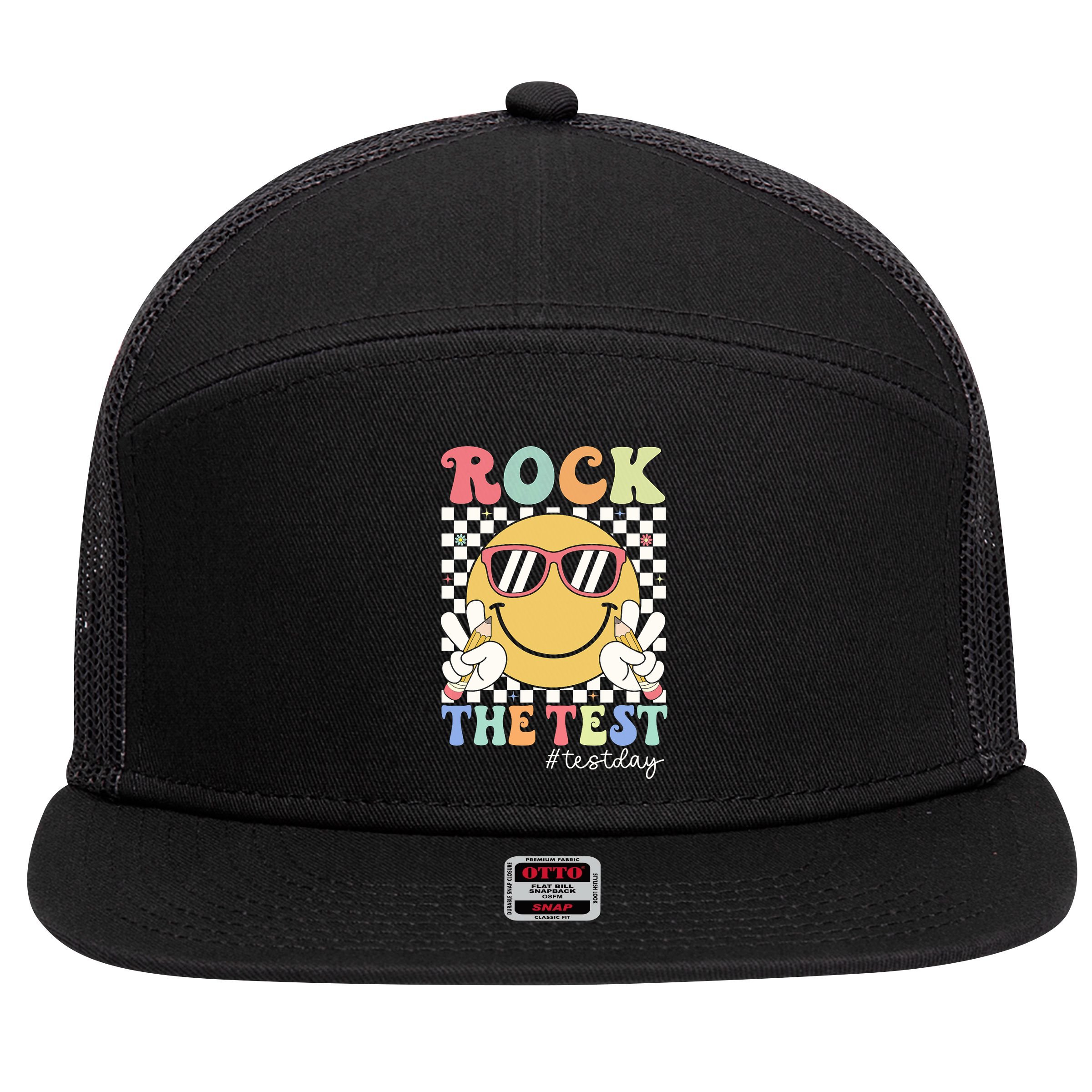 Test Day Rock The Test Motivational Teacher Testing Day  7 Panel Mesh Trucker Snapback Hat