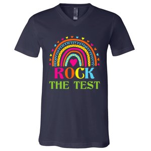 Test Day Rock The Test Teacher Testing Day Rainbow Teacher V-Neck T-Shirt