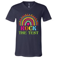 Test Day Rock The Test Teacher Testing Day Rainbow Teacher V-Neck T-Shirt