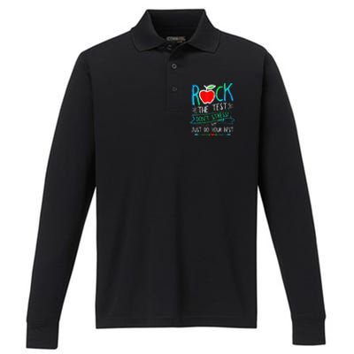 Test Day Rock The Test Teacher Testing Day Rainbow Teacher Performance Long Sleeve Polo