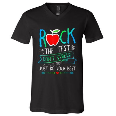 Test Day Rock The Test Teacher Testing Day Rainbow Teacher V-Neck T-Shirt