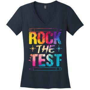 Tie Dye Rock The Test Happy Testing Day Teacher Appreciation Women's V-Neck T-Shirt