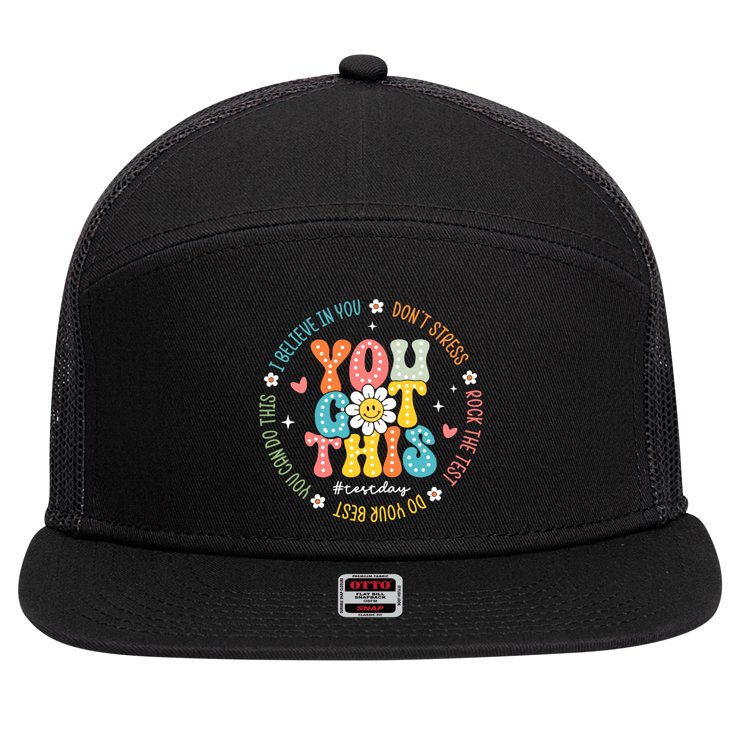 Test Day Rock The Test Teacher Testing Day You Got This 7 Panel Mesh Trucker Snapback Hat