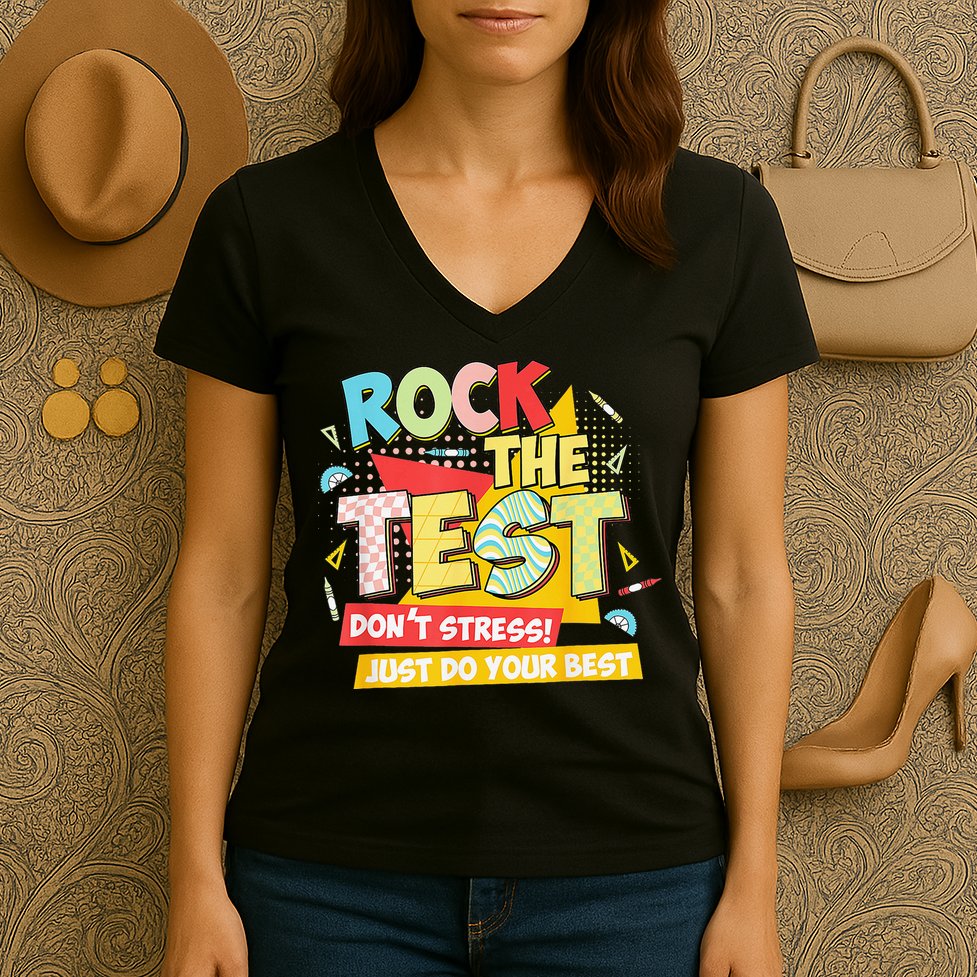Test Day Rock The Test Dont Stress Do Your Best Teacher Women's V-Neck T-Shirt