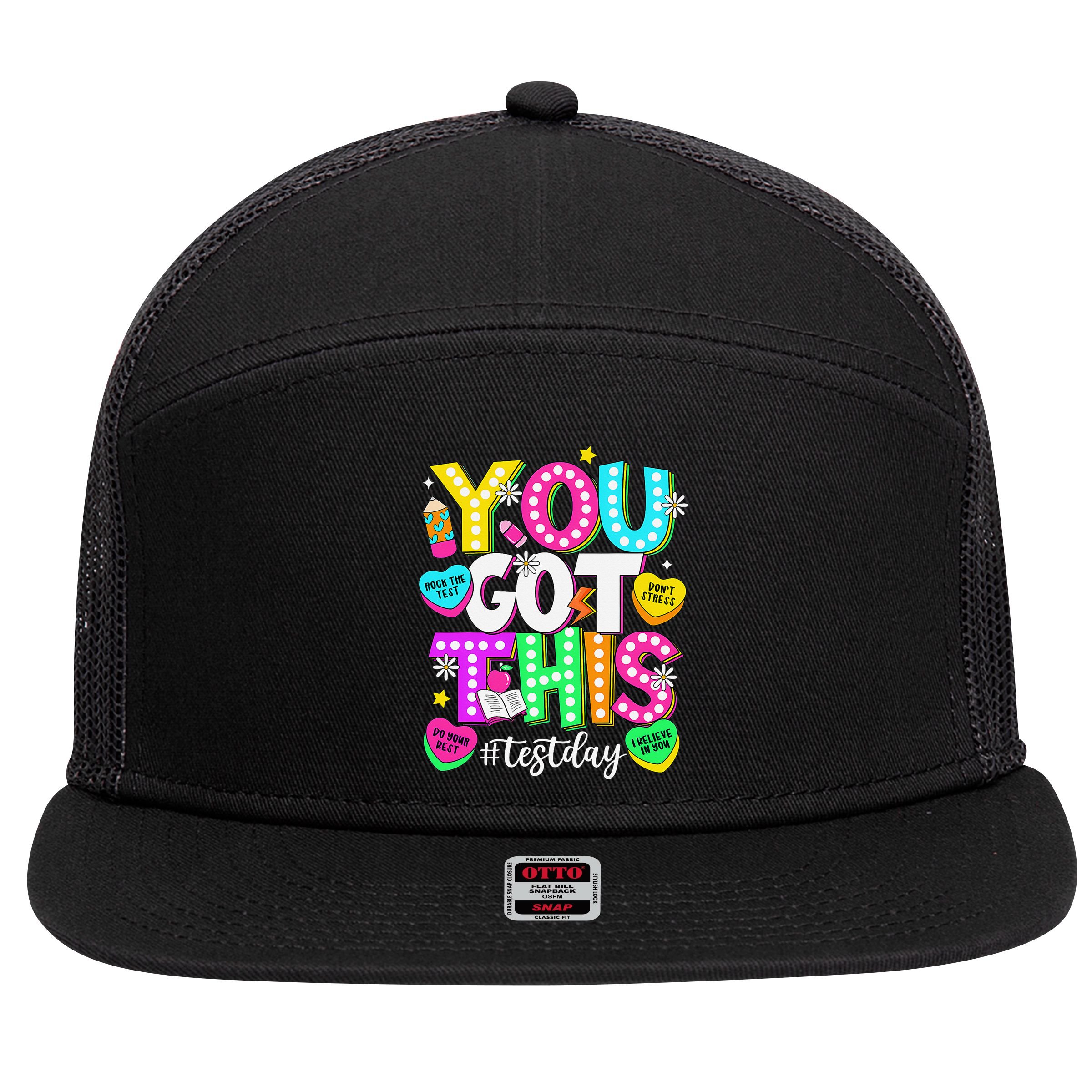 Test Day Rock The Test Teacher Testing Day You Got This 7 Panel Mesh Trucker Snapback Hat