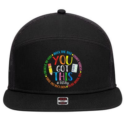 Test Day Rock The Test Teacher Testing Day You Got This 7 Panel Mesh Trucker Snapback Hat