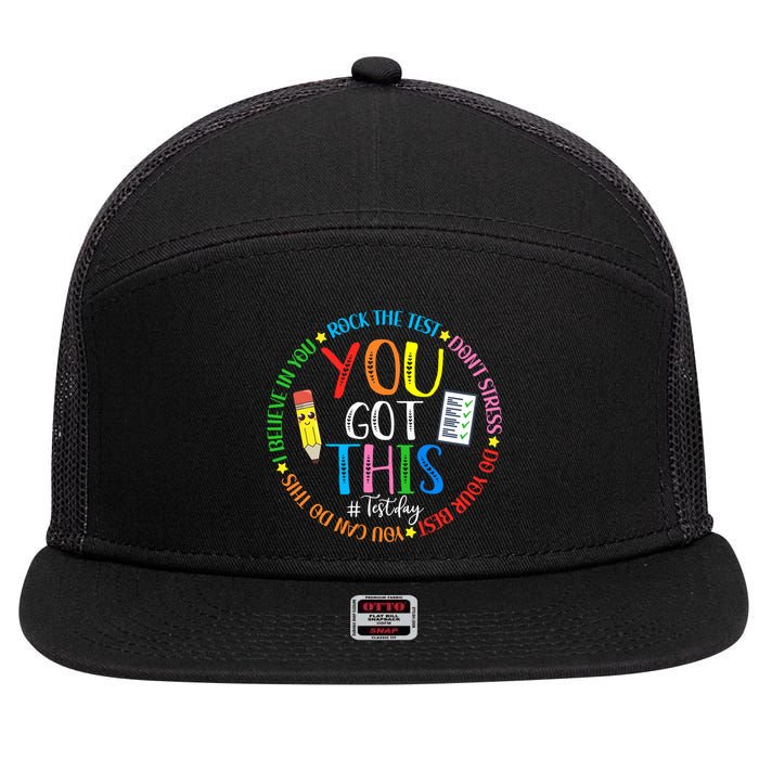 Test Day Rock The Test Teacher Testing Day You Got This 7 Panel Mesh Trucker Snapback Hat