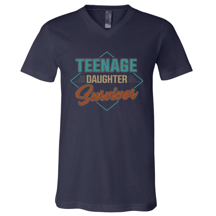 Teenage Daughter Survivor Funny Vintage Fathers Day V-Neck T-Shirt